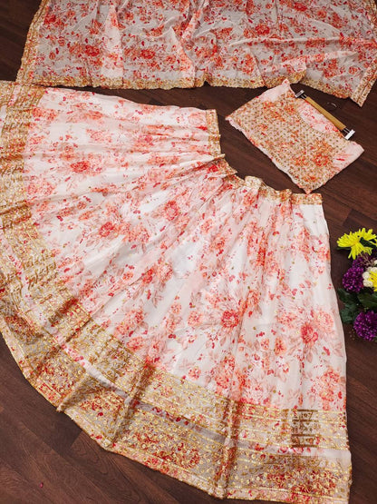Wedding Wear Organza Printed Zari Sequence Work Lehenga Choli