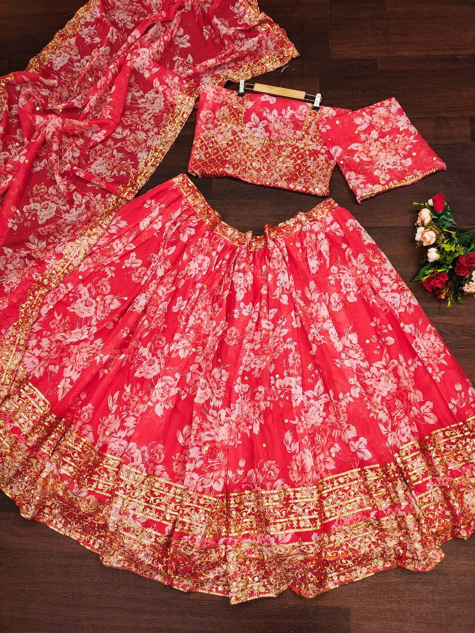 Wedding Wear Organza Printed Zari Sequence Work Lehenga Choli
