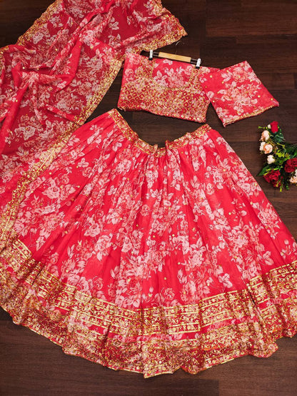 Wedding Wear Organza Printed Zari Sequence Work Lehenga Choli