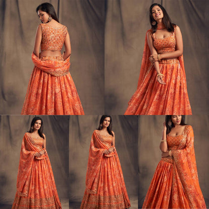 Wedding Wear Organza Printed Zari Sequence Work Lehenga Choli