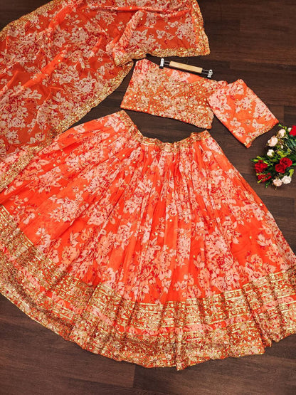 Wedding Wear Organza Printed Zari Sequence Work Lehenga Choli