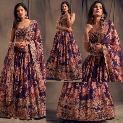 Wedding Wear Organza Printed Zari Sequence Work Lehenga Choli