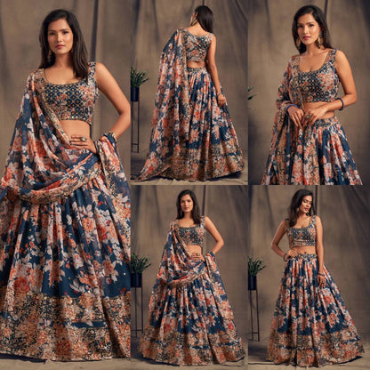 Wedding Wear Organza Printed Zari Sequence Work Lehenga Choli