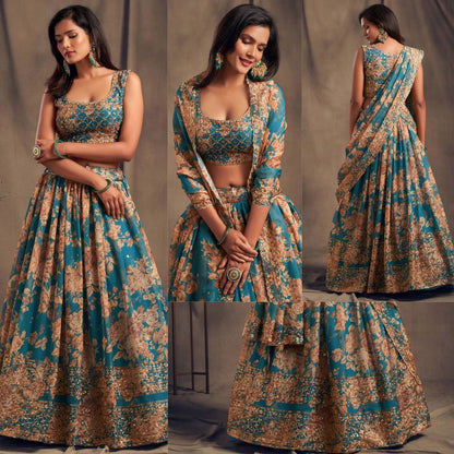Wedding Wear Organza Printed Zari Sequence Work Lehenga Choli