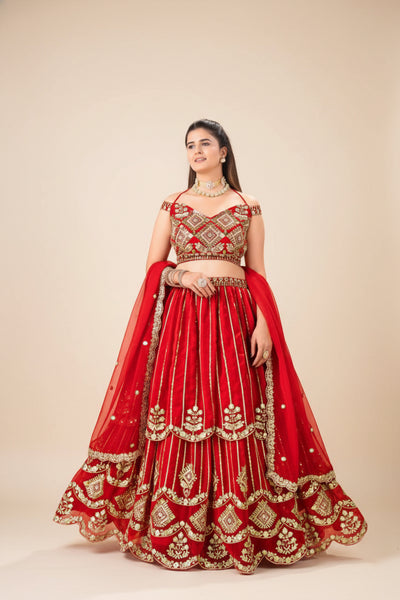 Red Faux Georgette Bridal Lehenga Choli with Sequins & Zari Work
