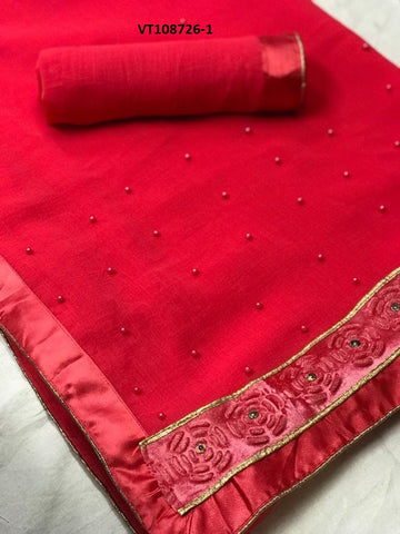 Beautiful Red Color Chiffon Moti Embroidered Work Saree Blouse