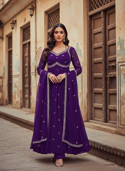 Women's Faux Georgette 3-Piece Anarkali Suit Set with Sequins Work, Stitched Pant & Dupatta – Party & Wedding Wear