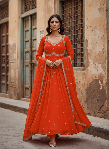 Women's Faux Georgette 3-Piece Anarkali Suit Set with Sequins Work, Stitched Pant & Dupatta – Party & Wedding Wear