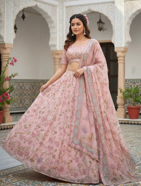 Floral Print Taby Silk Wedding Lehenga with 3.5M Flair and Real Mirror Work