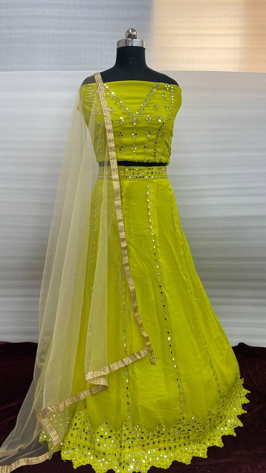 Latest Green Color Georgette Mirror Embroidered Work Lehenga Choli
