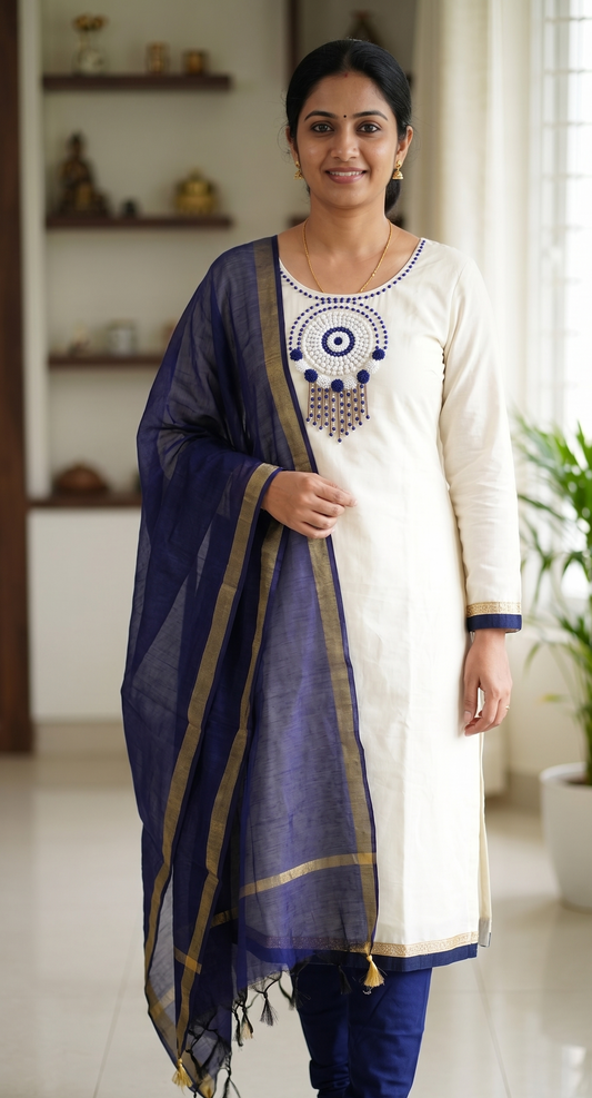 Cream color cotton dress material with dupatta
