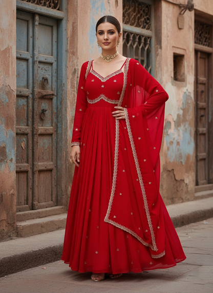 Women's Faux Georgette 3-Piece Anarkali Suit Set with Sequins Work, Stitched Pant & Dupatta – Party & Wedding Wear