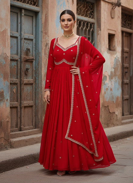 Women's Faux Georgette 3-Piece Anarkali Suit Set with Sequins Work, Stitched Pant & Dupatta – Party & Wedding Wear