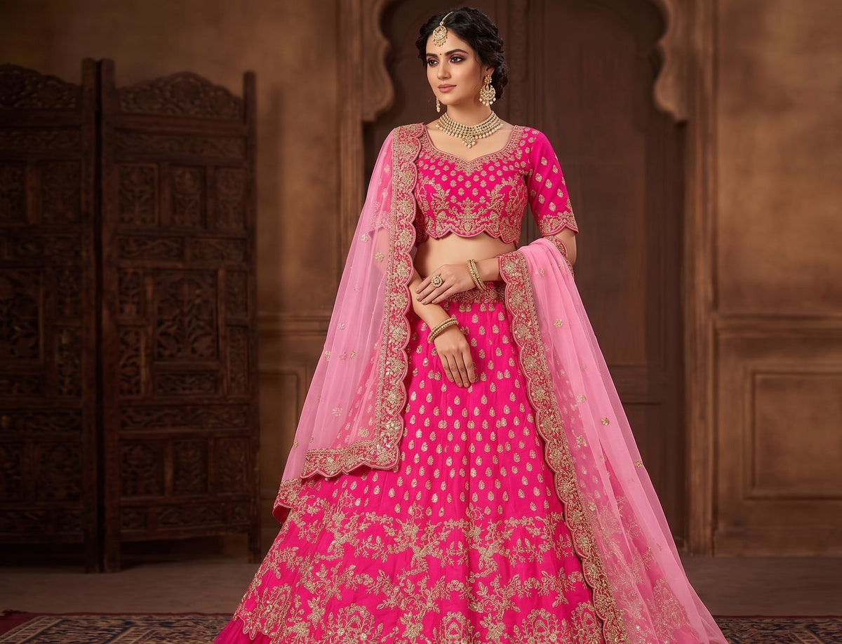 Elegant Taffeta Silk Satin Sequins Embroidered Lehenga Choli Set