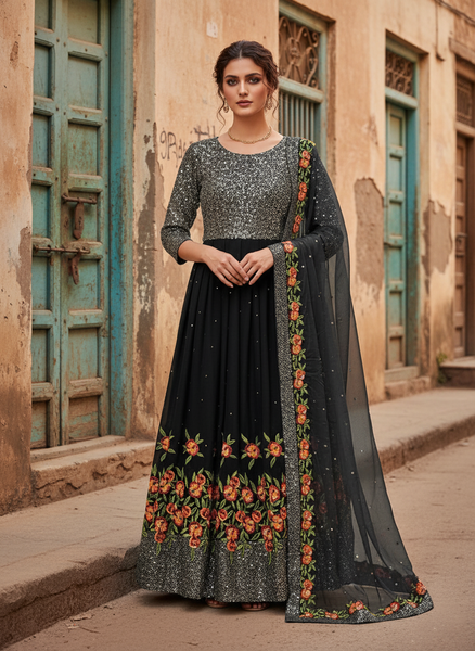 Tremendously Black Color Party Wear Georgette Stone Sequence Work Salwar Suit Design