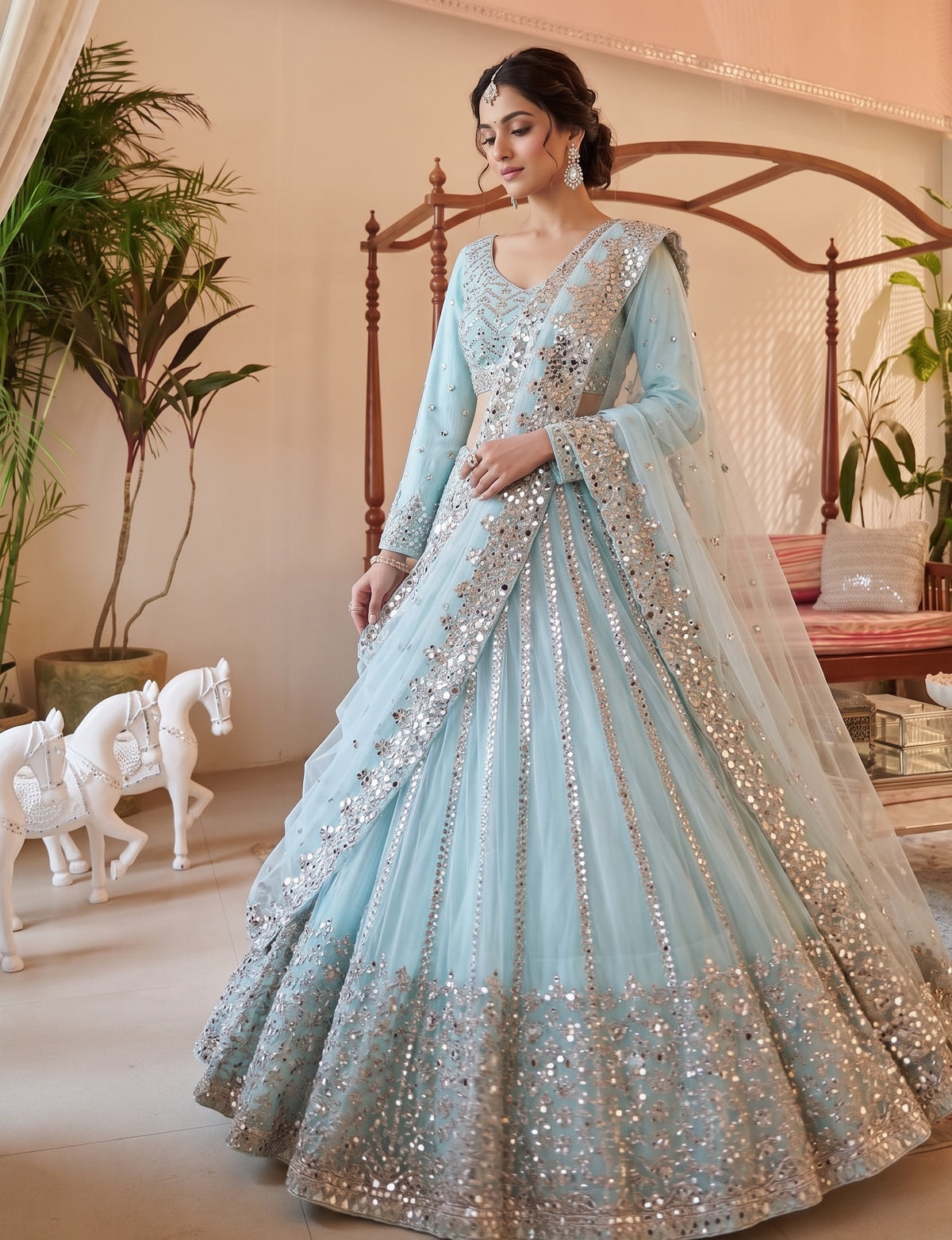 Premium Butterfly Net Lehengas with Paper Mirror Jari Embroidery Work
