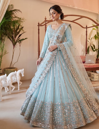 Premium Butterfly Net Lehengas with Paper Mirror Jari Embroidery Work