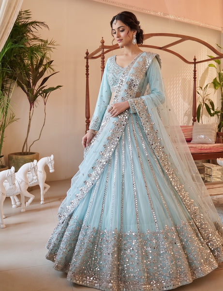Premium Butterfly Net Lehengas with Paper Mirror Jari Embroidery Work