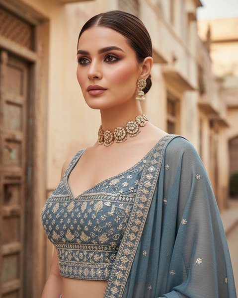 Blue Embroidered Georgette Lehenga Choli Set with Sequins - Indian Ethnic Wear