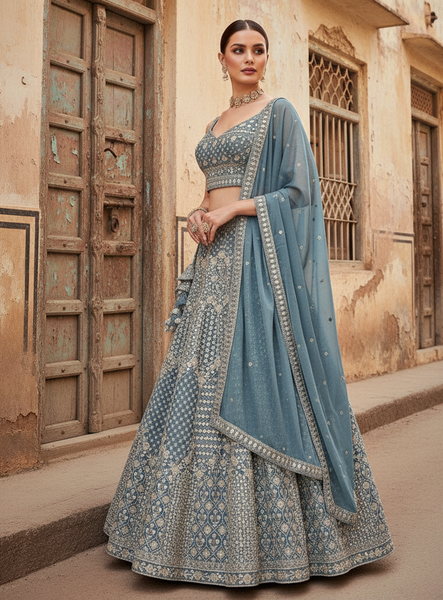 Blue Embroidered Georgette Lehenga Choli Set with Sequins - Indian Ethnic Wear