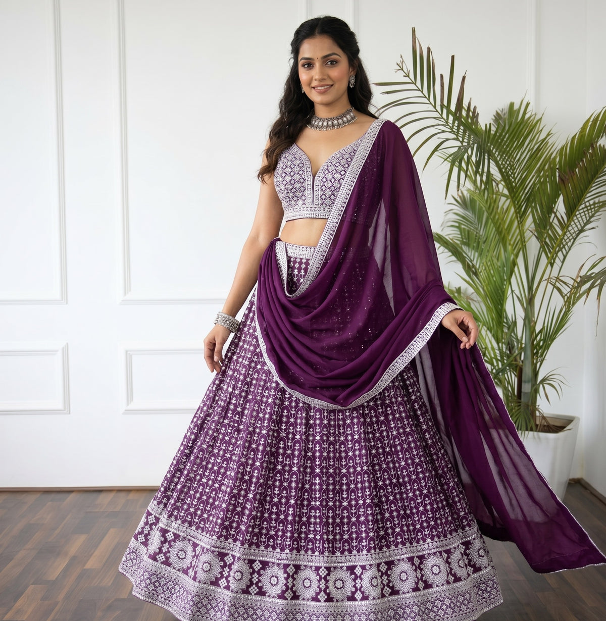Premium Faux Georgette Lehenga Choli Set with Heavy Sequins Thread Embroidery