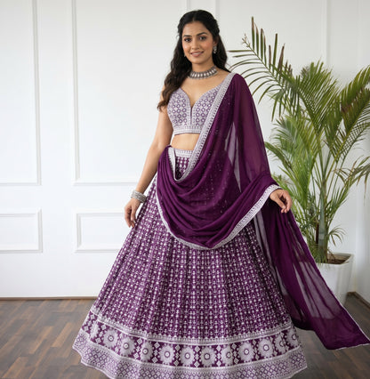 Premium Faux Georgette Lehenga Choli Set with Heavy Sequins Thread Embroidery
