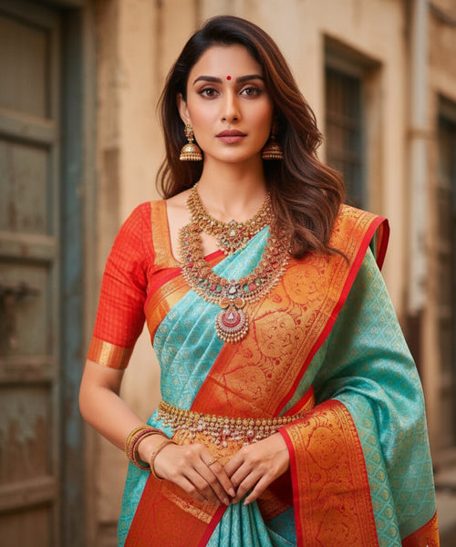 Blue Party Wear Latest Pallu & Jacquard Work On All Over The Saree