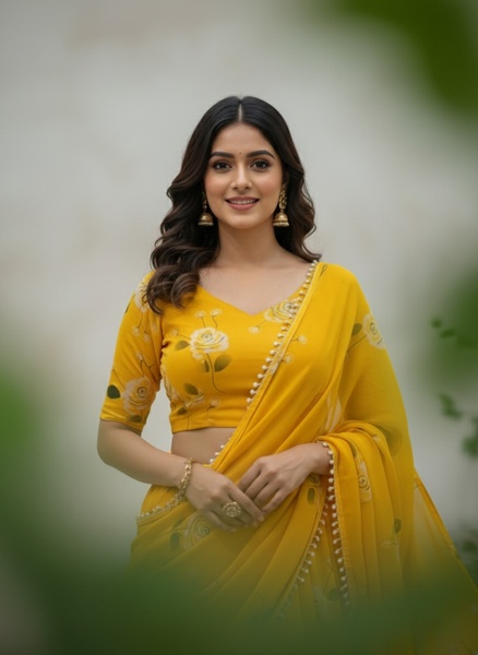 Yellow Floral Print Georgette Lehenga Saree with Pearl Lace Border