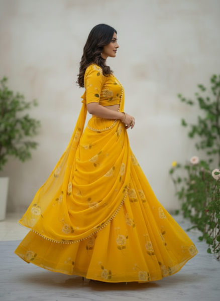 Yellow Floral Print Georgette Lehenga Saree with Pearl Lace Border