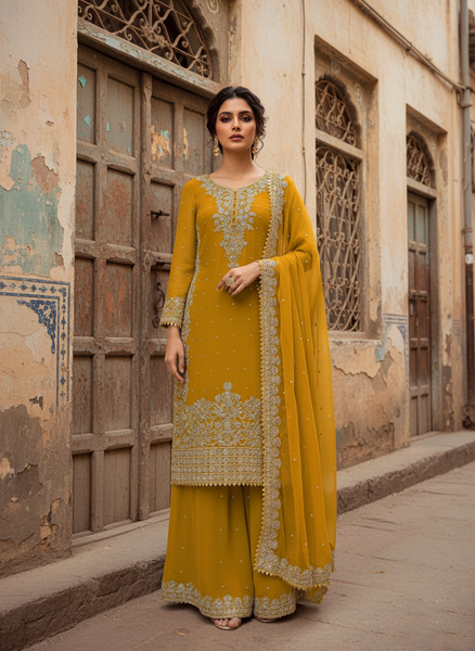 Faux Georgette Dress with Coding & Sequence Work | 3-Piece Plazo Suit