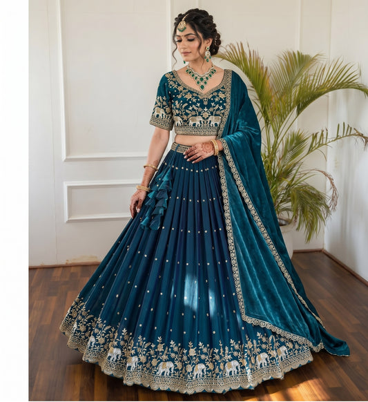Premium Vichitra Silk Semi-Stitched Lehenga Choli with Heavy Sequin Thread Embroidery