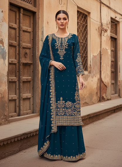 Faux Georgette Dress with Coding & Sequence Work | 3-Piece Plazo Suit