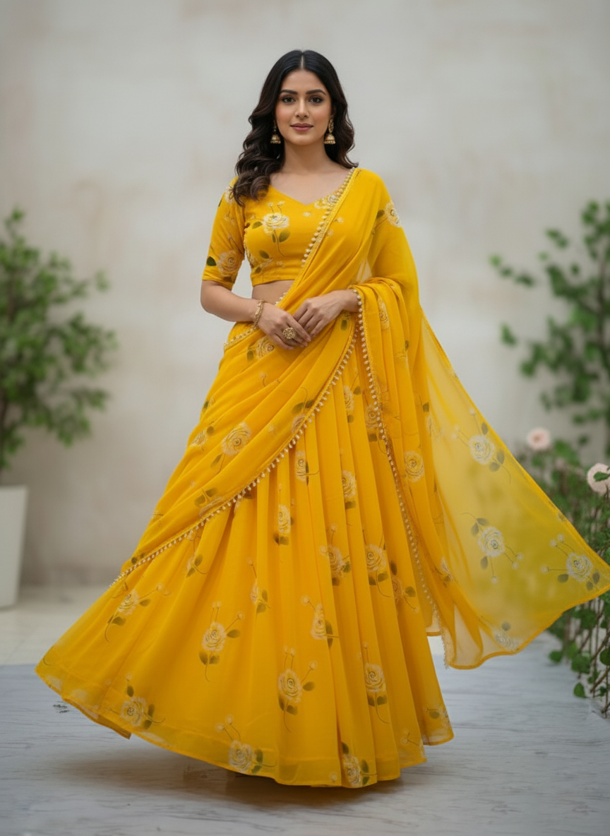 Yellow Floral Print Georgette Lehenga Saree with Pearl Lace Border