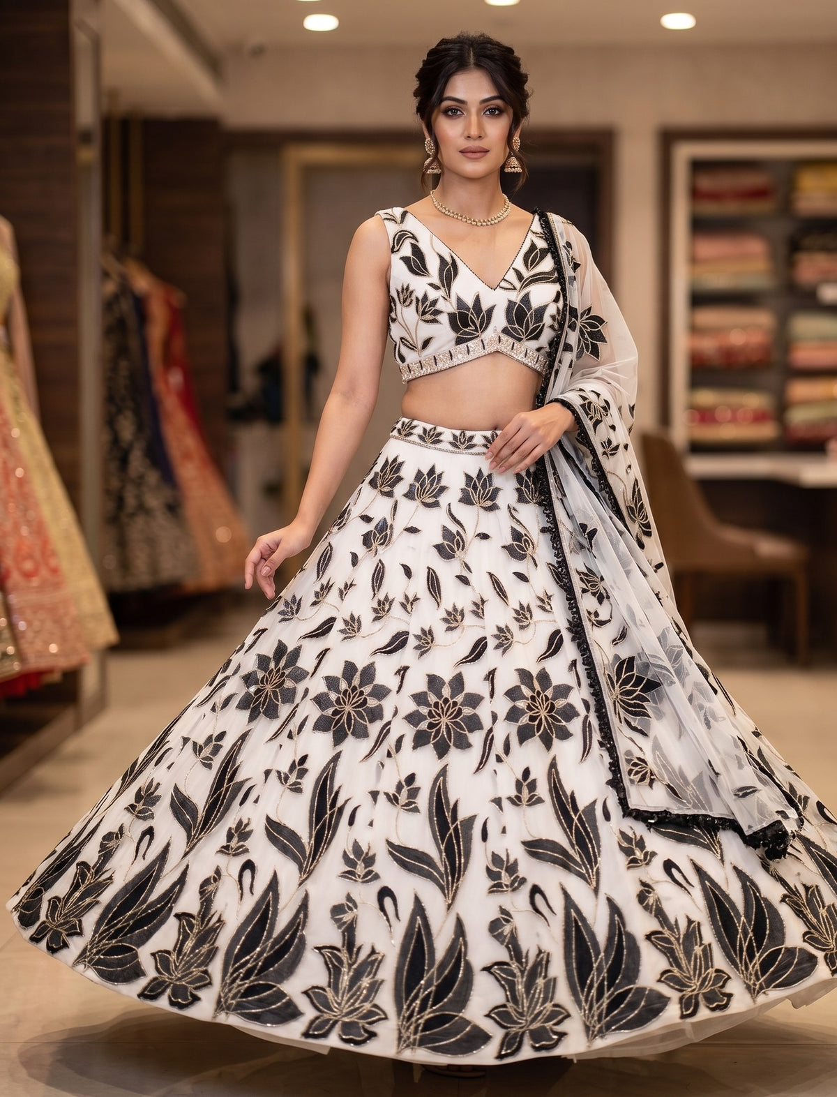 Elegant Black Off-White Faux Georgette Lehenga Choli set