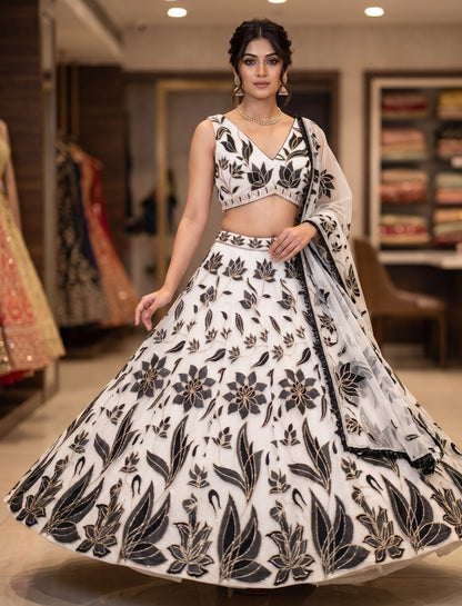 Elegant Black Off-White Faux Georgette Lehenga Choli set