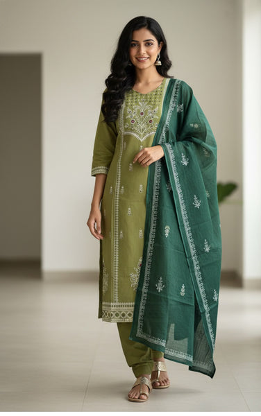 Pista Green Hand Block Printed Pure Cotton Suit Set