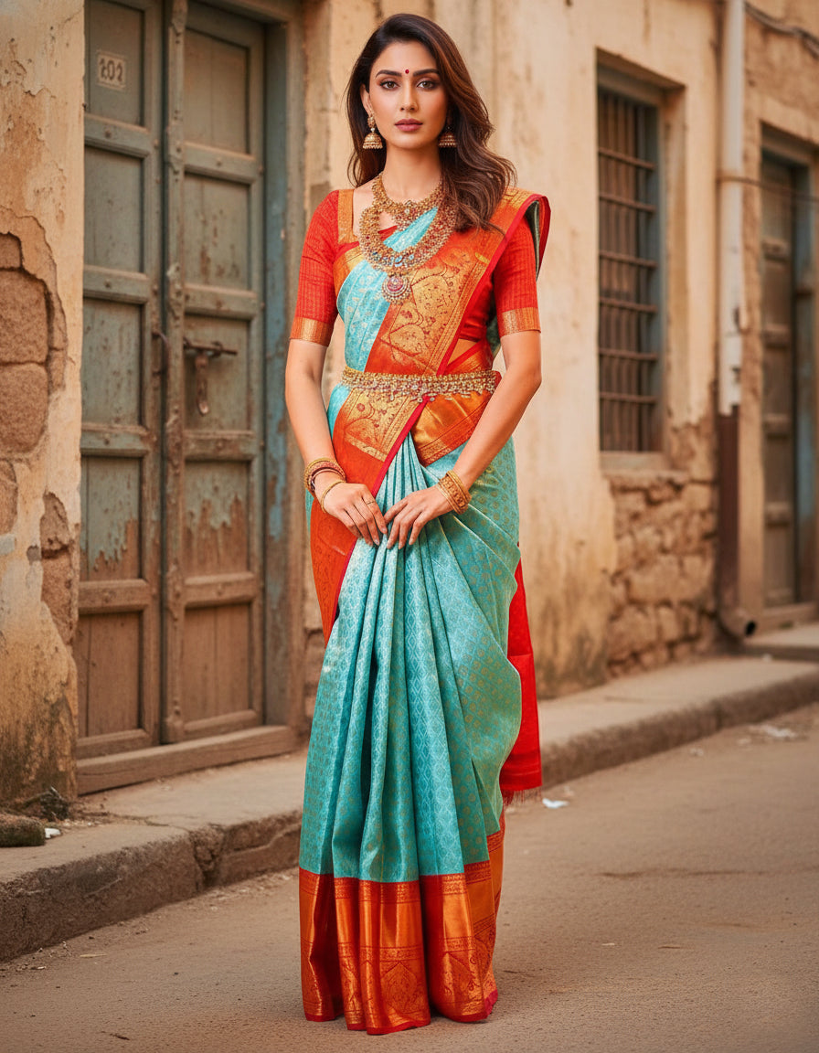 Blue Party Wear Latest Pallu & Jacquard Work On All Over The Saree