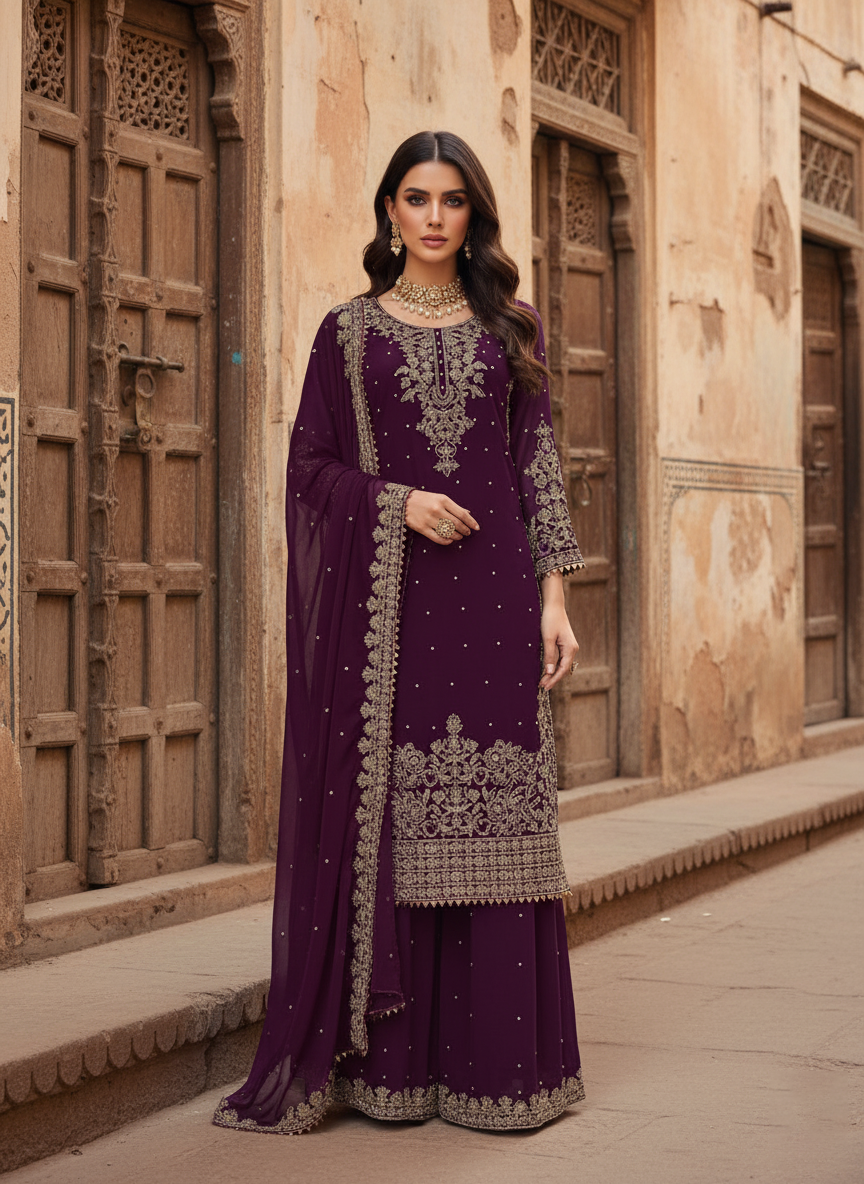 Faux Georgette Dress with Coding & Sequence Work | 3-Piece Plazo Suit