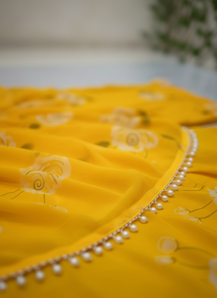 Yellow Floral Print Georgette Lehenga Saree with Pearl Lace Border