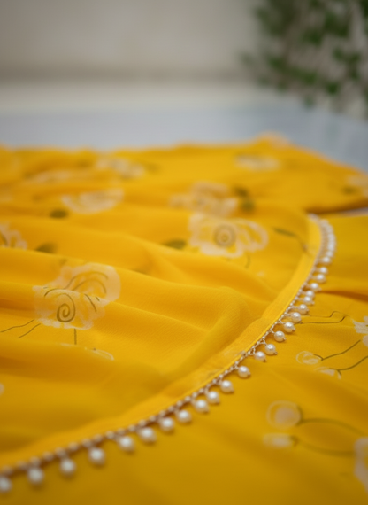 Yellow Floral Print Georgette Lehenga Saree with Pearl Lace Border