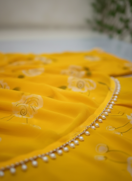 Yellow Floral Print Georgette Lehenga Saree with Pearl Lace Border