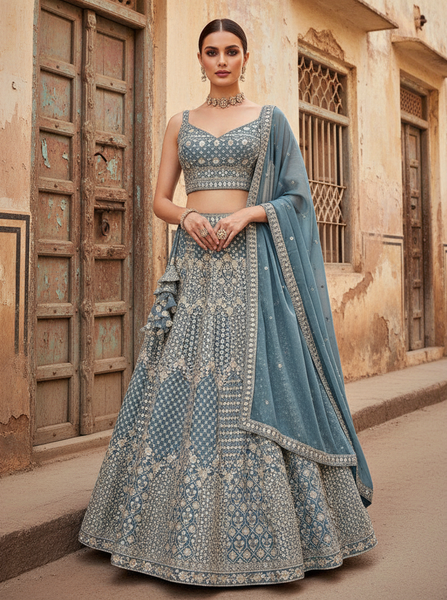 Blue Embroidered Georgette Lehenga Choli Set with Sequins - Indian Ethnic Wear