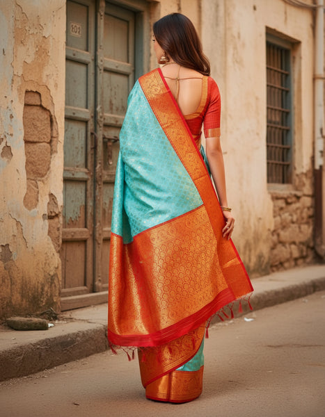 Blue Party Wear Latest Pallu & Jacquard Work On All Over The Saree