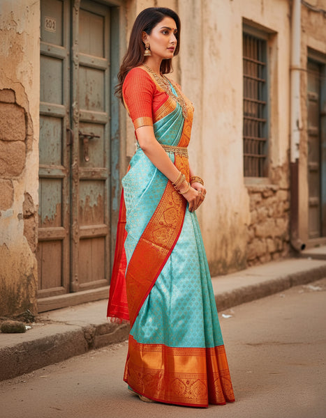 Blue Party Wear Latest Pallu & Jacquard Work On All Over The Saree