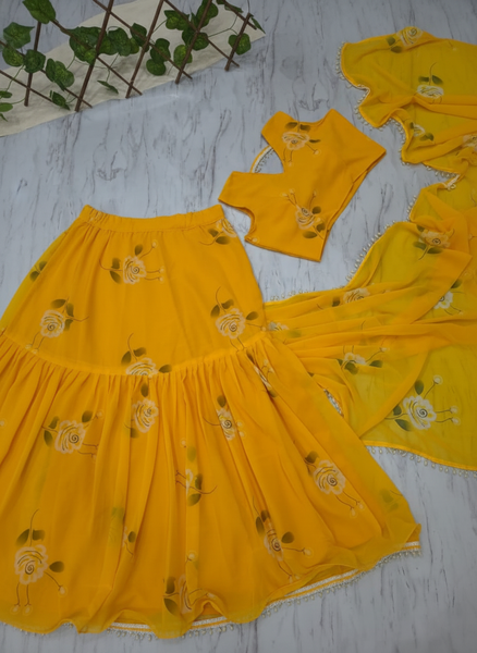 Yellow Floral Print Georgette Lehenga Saree with Pearl Lace Border