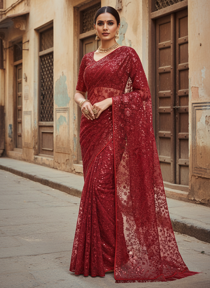 Exquisite Scarlet Sequined Net Saree