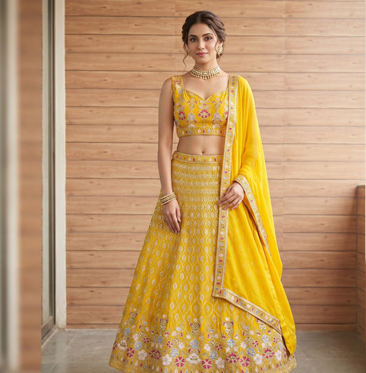 Heavy Faux Georgette Embroidered Lehenga Choli Set