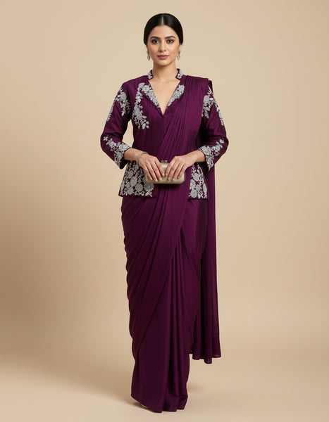 Designer Chinnon Silk Ready-to-Wear Drape Saree with Multi-Thread Embroidered Jacket Blouse