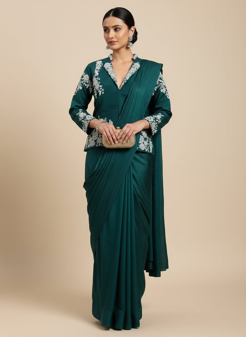 Designer Chinnon Silk Ready-to-Wear Drape Saree with Multi-Thread Embroidered Jacket Blouse