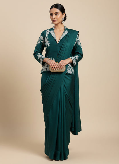 Designer Chinnon Silk Ready-to-Wear Drape Saree with Multi-Thread Embroidered Jacket Blouse